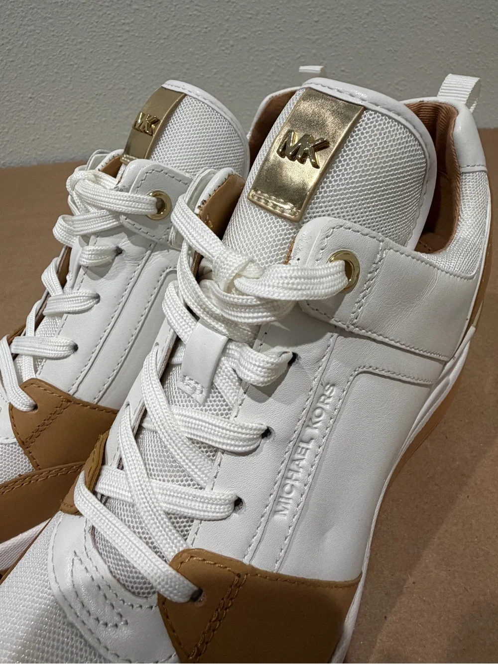 NEW! Michael Kors White and Camel Wedge Lace-Up Sneakers - Size 8